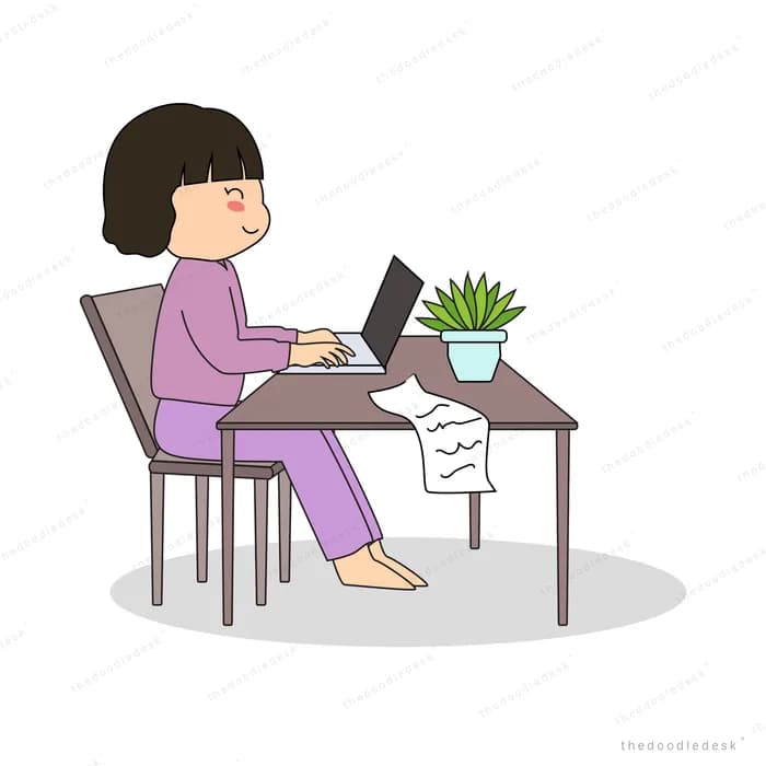 Woman working at a desk with a laptop and plant