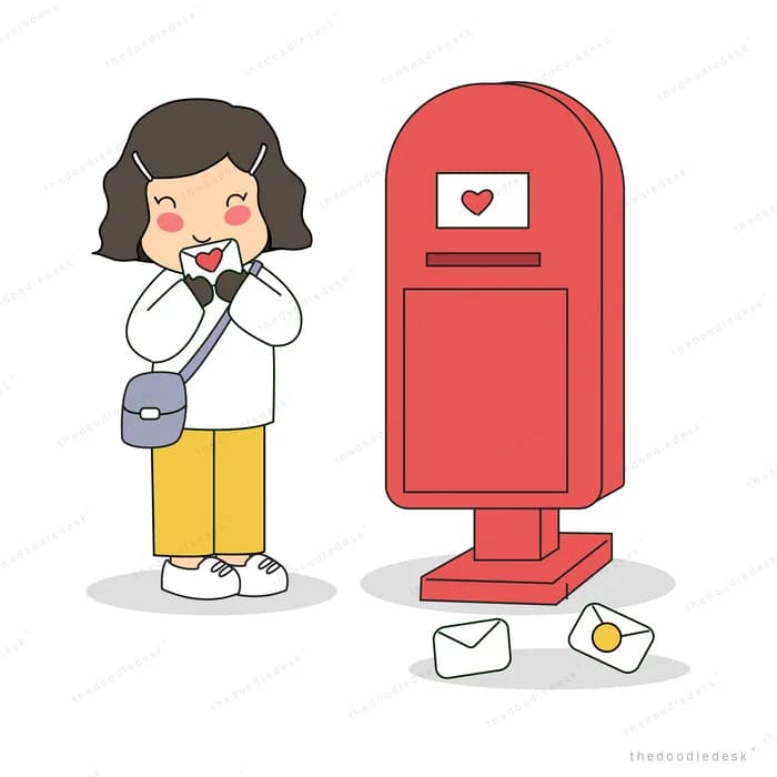 Girl posting a letter into a red postbox