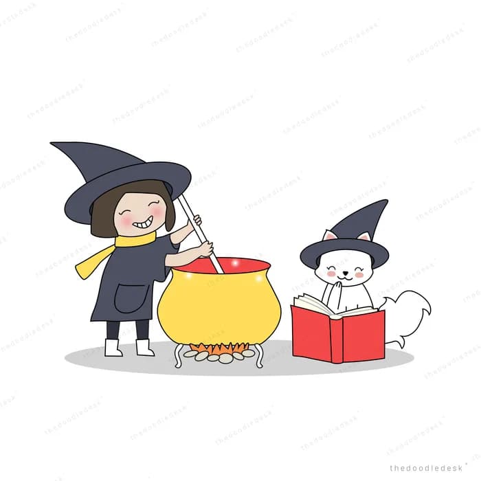 Children in witch and wizard hats at a cauldron