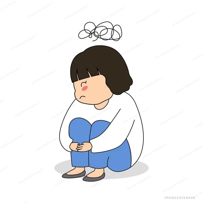 Girl sitting curled up with a tangled scribble overhead