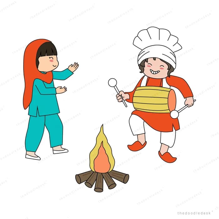 Children in traditional dress dancing by a bonfire