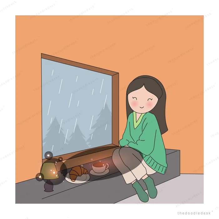Girl sitting by a rainy window with a dog