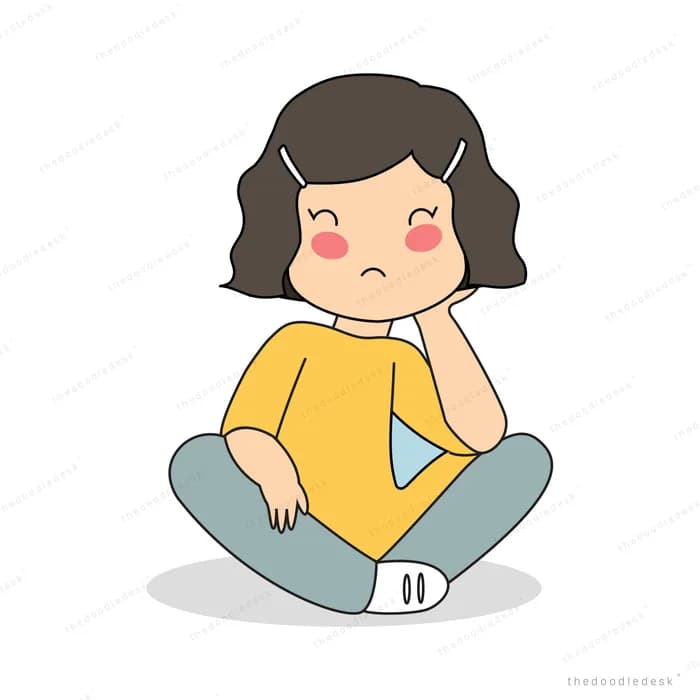 Woman sitting cross-legged with a hand on her chin