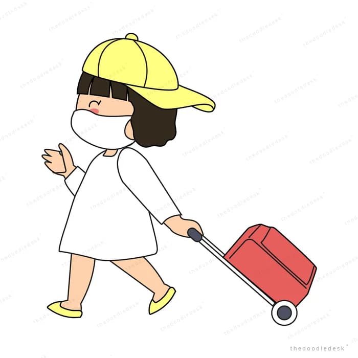 Girl in a mask pulling a suitcase and checking her phone