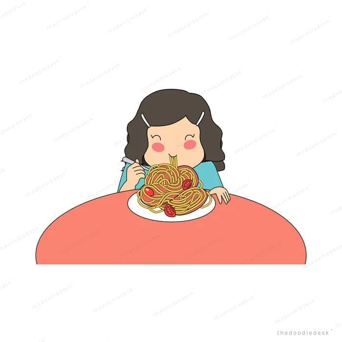 Woman eating a plate of noodles at a red table