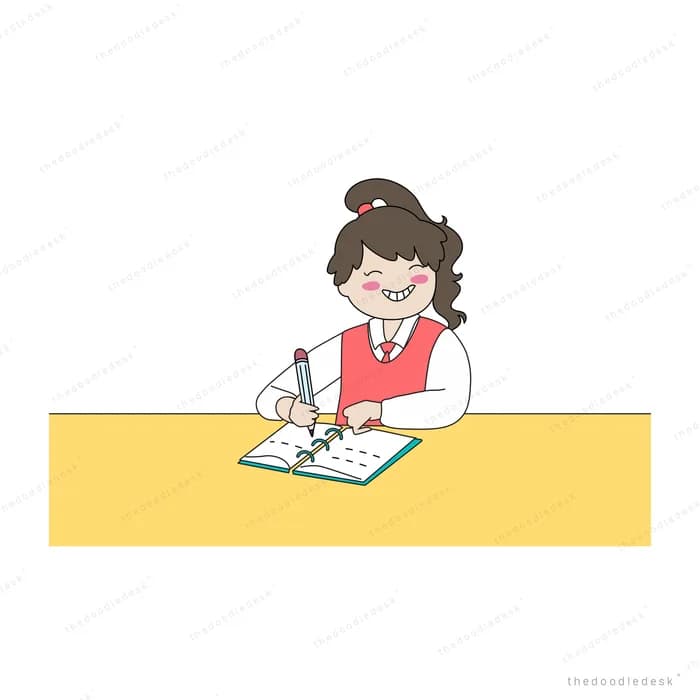 Woman writing at a long yellow desk