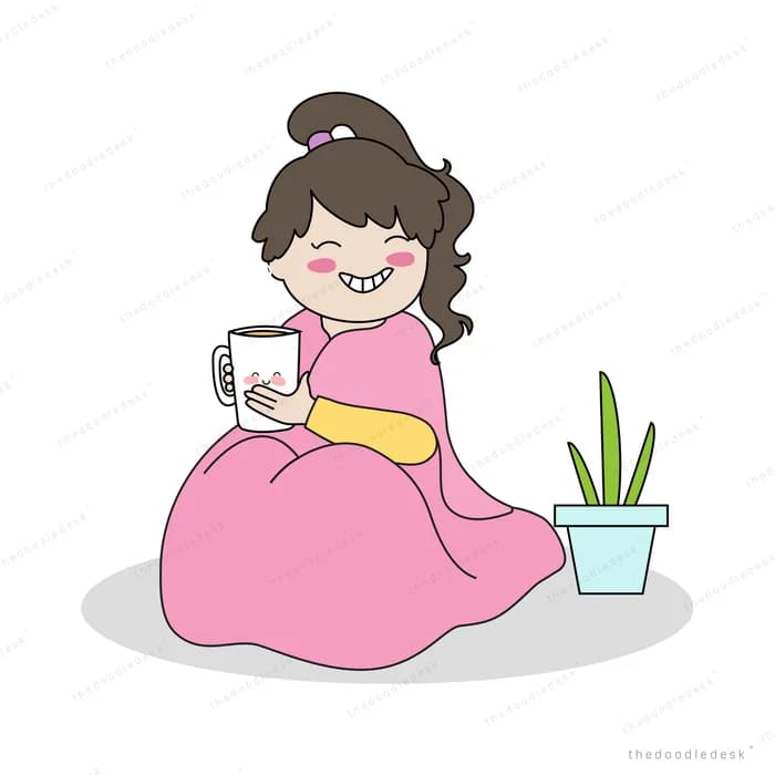 Woman in a pink gown with a mug and plant
