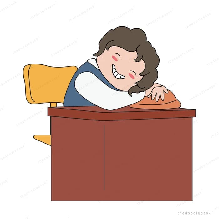 Boy asleep face down on a wooden desk