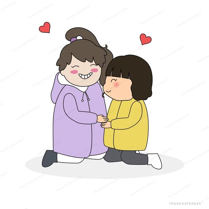 Two women kneeling and embracing with hearts