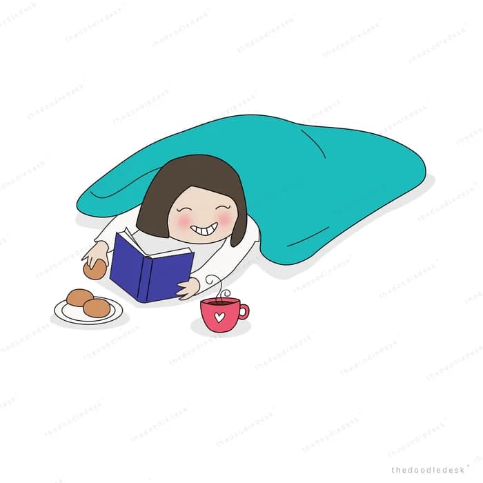 Girl reading under a teal blanket with snacks