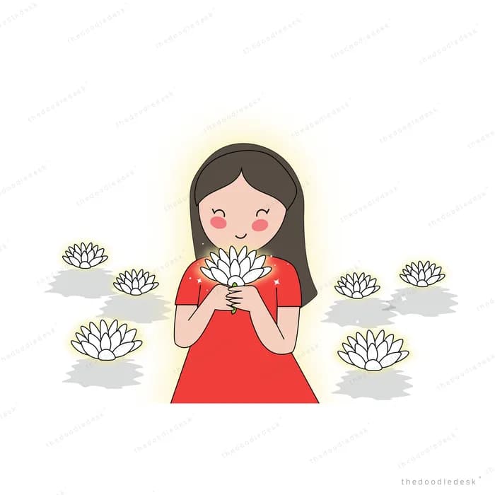 Woman in red holding a glowing light in cupped hands
