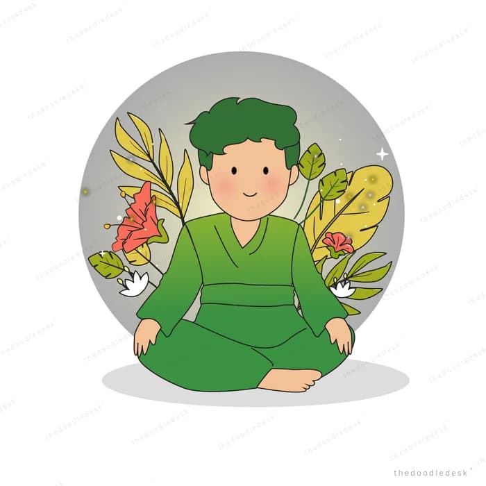 Man sitting cross-legged inside a grey orb with wheat