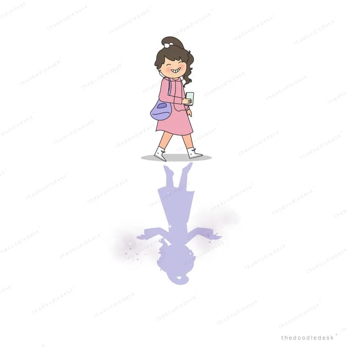 Girl standing above a faded purple reflection