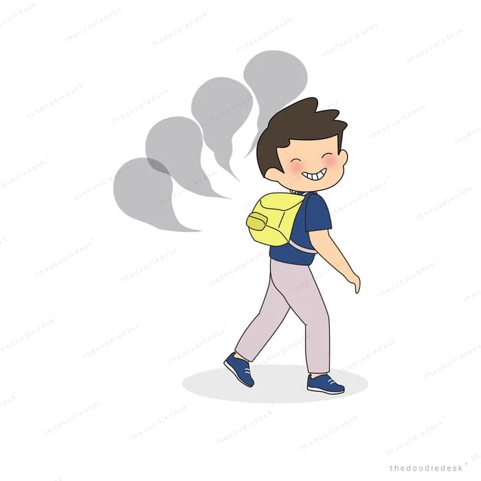 Boy walking away from a cloud of grey smoke