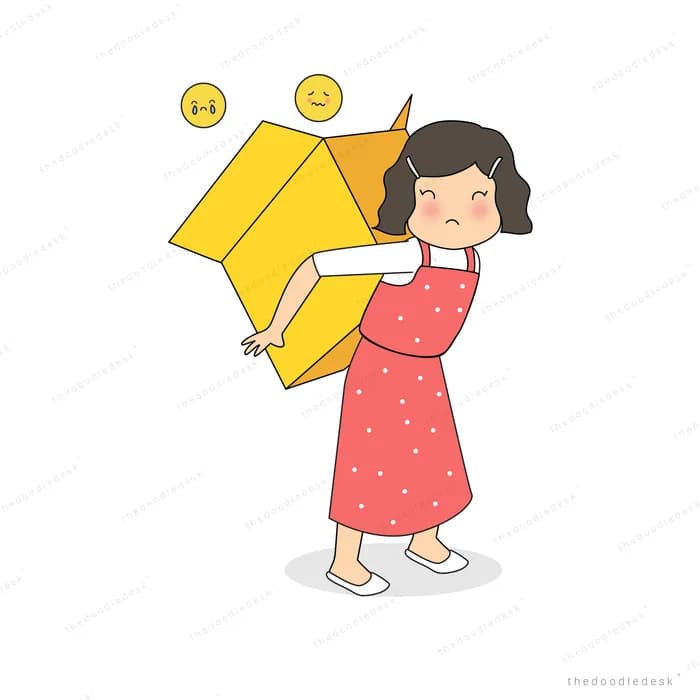 Girl carrying a stack of yellow smiling boxes