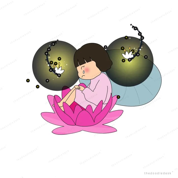 Girl asleep on a lotus surrounded by dark orbs