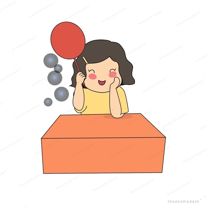 Girl leaning on an orange block with a balloon