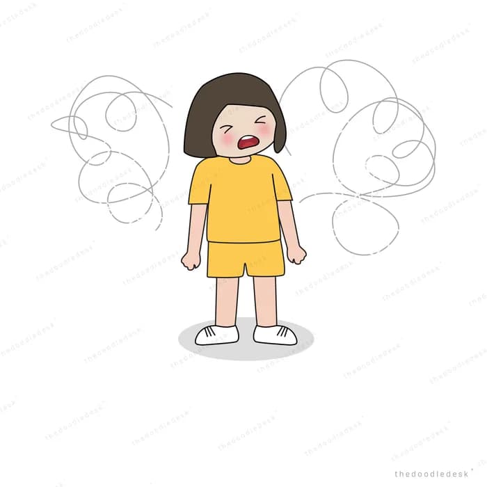 Girl shouting surrounded by tangled scribbles