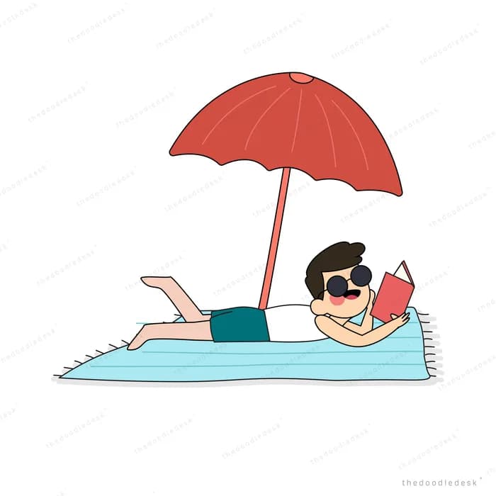 Man reading on a beach towel under a red parasol