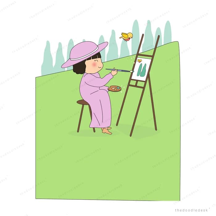 Girl painting at an easel in a green landscape