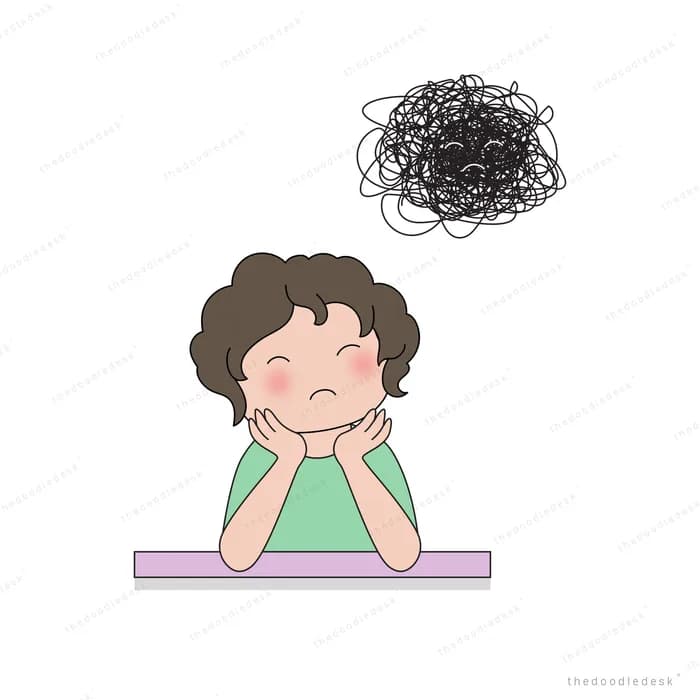 Girl resting her chin on a table with a dark scribble above