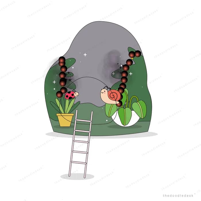 Girl climbing a ladder up a mossy rock with flowers