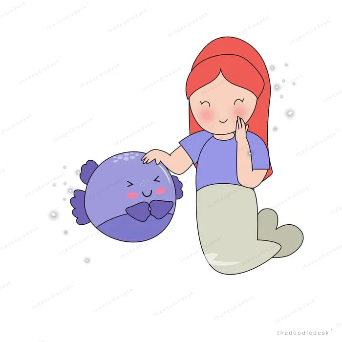 Woman sitting beside a large friendly purple blob