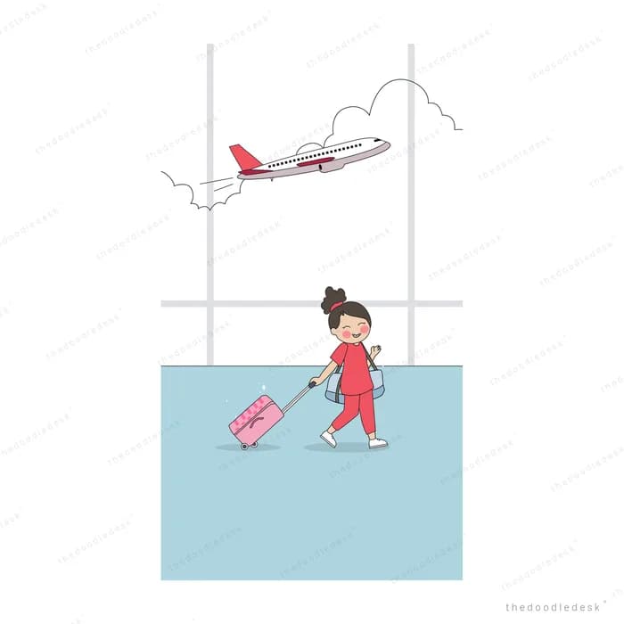 Girl with a suitcase watching a plane through a window