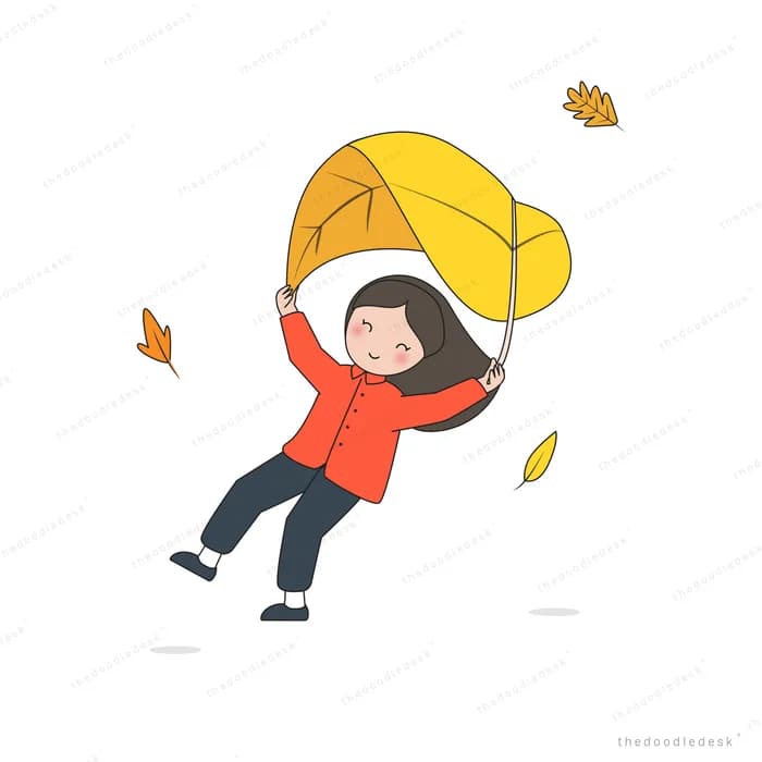 Girl with a yellow umbrella in autumn wind
