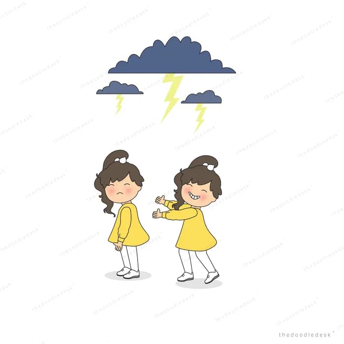 Two girls under a storm cloud with lightning
