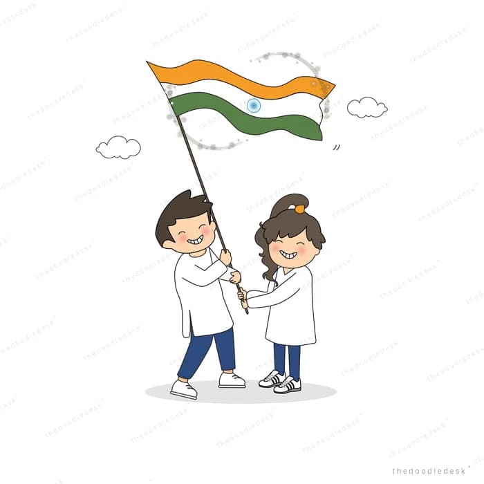Two children raising the Indian flag together