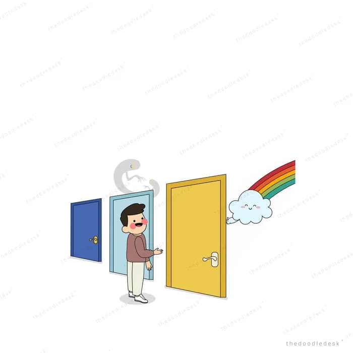 Man between two doors, one opening to a rainbow
