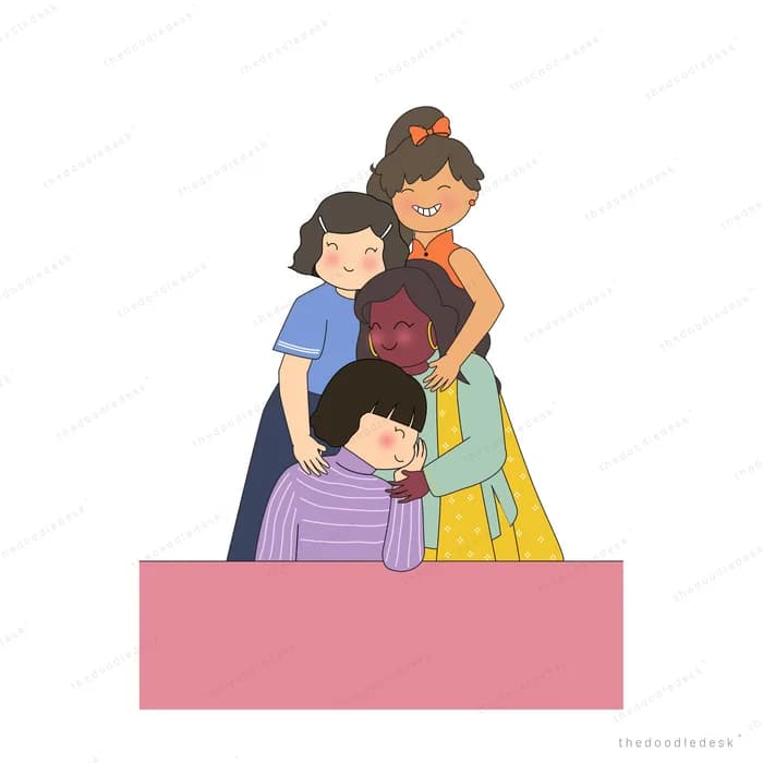 Family group standing behind a pink banner