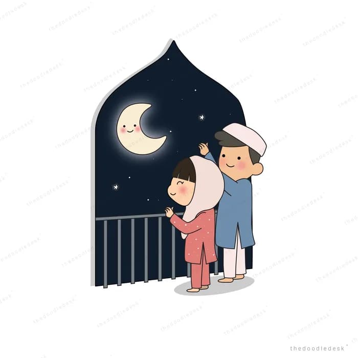 Family at a window under a crescent moon
