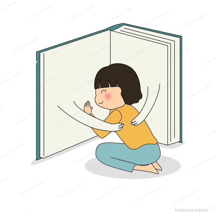 Girl sitting against a giant open book
