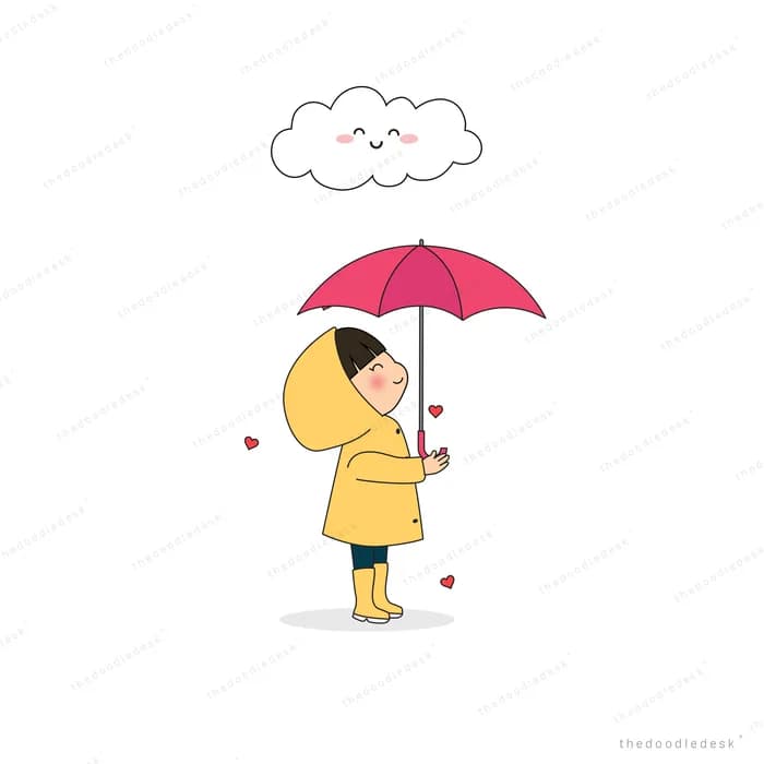 Girl in a yellow raincoat with a pink umbrella