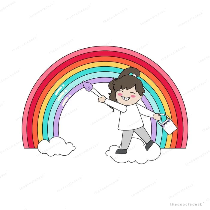 Boy painting a large rainbow on a cloud
