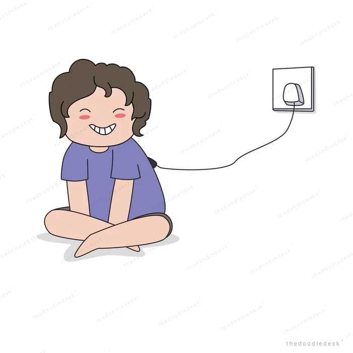 Woman sitting plugged into a wall socket