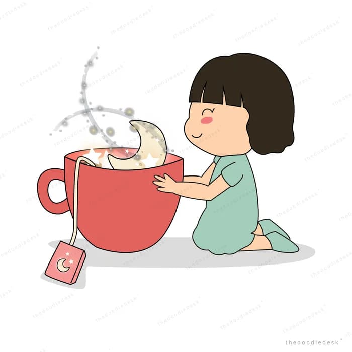 Girl beside a giant teacup with a dark plume