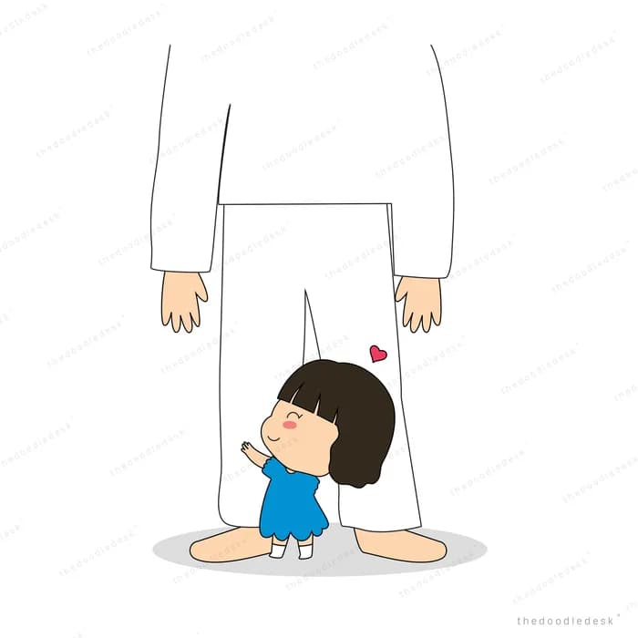 Small child clinging to an adult's leg