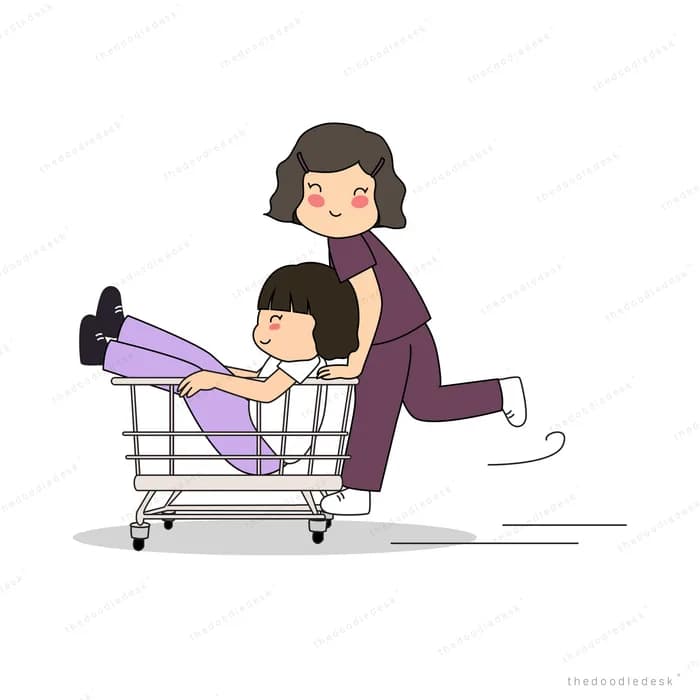 Woman pushing a child in a shopping trolley