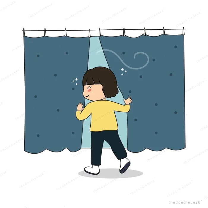 Girl stepping through dark curtains into light
