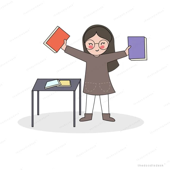 Woman holding up books at a desk