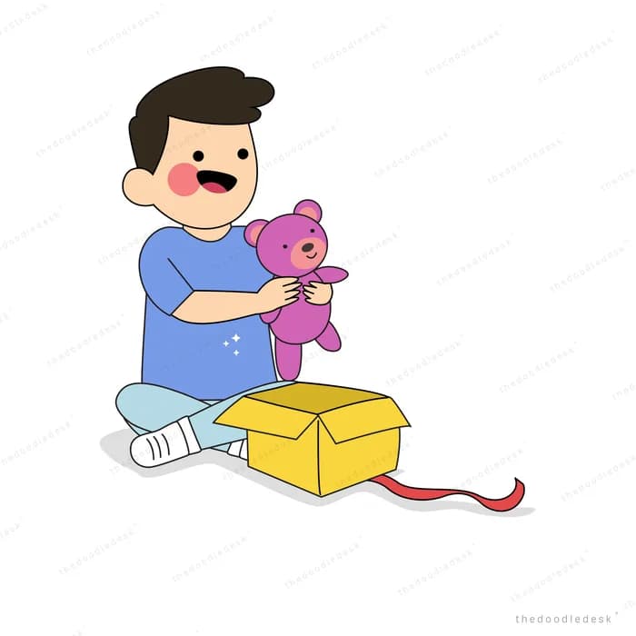 Man sitting with a teddy bear and open gift box