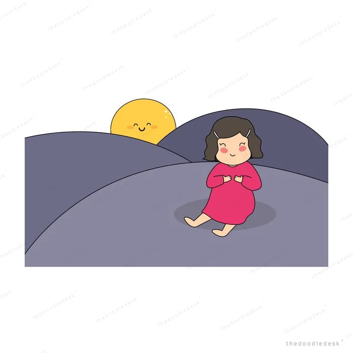 Girl sitting on a purple hill under a small sun
