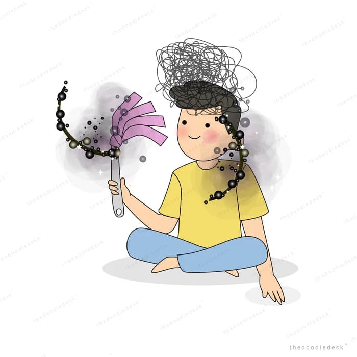 Boy sitting with a duster and a grey cloud of dust