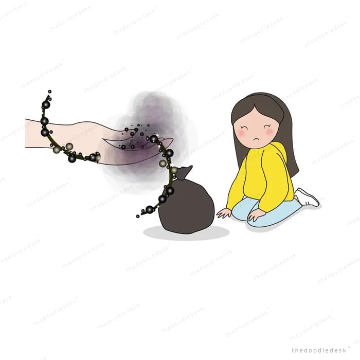 Girl beside a dark beaded plume from a card