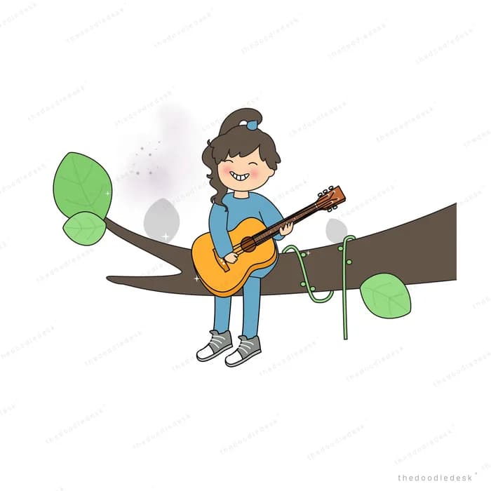 Boy playing guitar on a tree branch