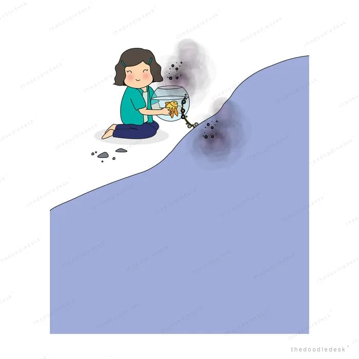 Girl at the top of a purple slope holding a mug