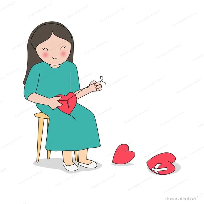 Woman on a stool sewing a red heart